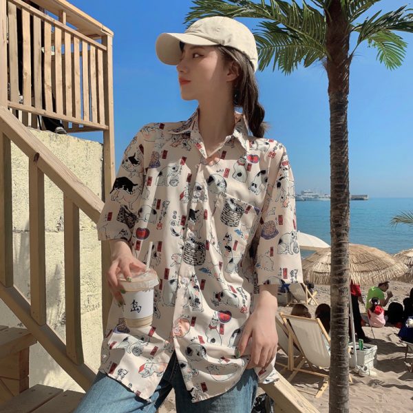 Floral Hawaiian Short Sleeve Shirt for Women, Loose Hong Kong Style Top, Unique Beachwear, Trendy Summer Fashion