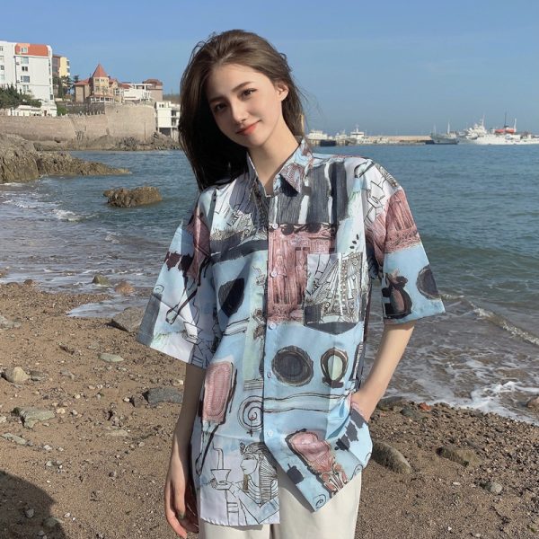 Floral Hawaiian Short Sleeve Shirt for Women, Loose Hong Kong Style Top, Unique Beachwear, Trendy Summer Fashion