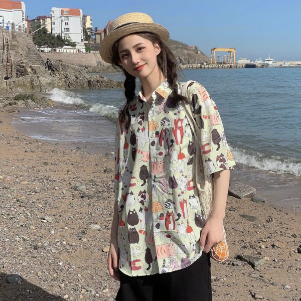 Floral Hawaiian Short Sleeve Shirt for Women, Loose Hong Kong Style Top, Unique Beachwear, Trendy Summer Fashion