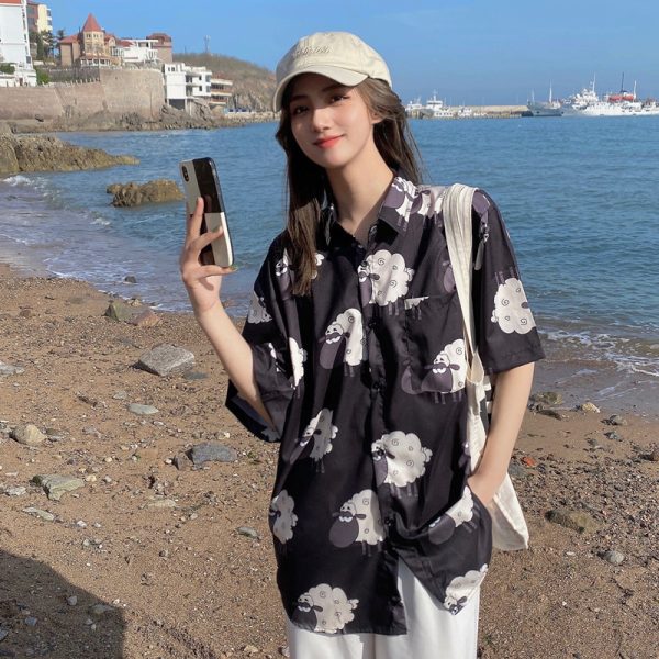Floral Hawaiian Short Sleeve Shirt for Women, Loose Hong Kong Style Top, Unique Beachwear, Trendy Summer Fashion