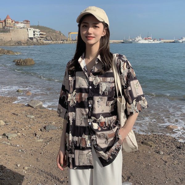 Floral Hawaiian Short Sleeve Shirt for Women, Loose Hong Kong Style Top, Unique Beachwear, Trendy Summer Fashion