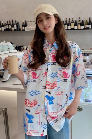 Floral Hawaiian Short Sleeve Shirt for Women, Loose Hong Kong Style Top, Unique Beachwear, Trendy Summer Fashion