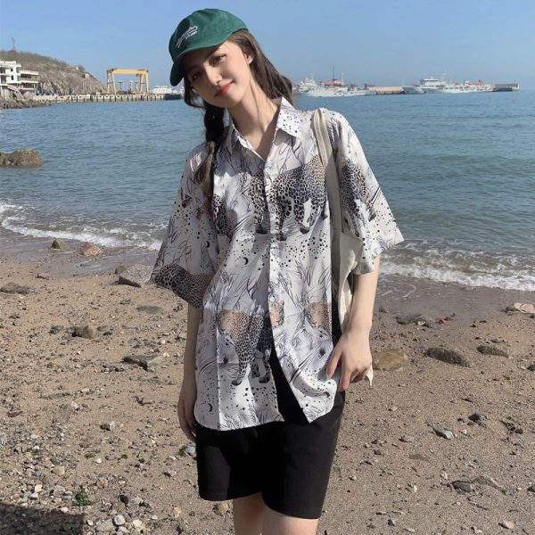 Floral Hawaiian Short Sleeve Shirt for Women, Loose Hong Kong Style Top, Unique Beachwear, Trendy Summer Fashion