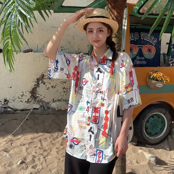 Floral Hawaiian Short Sleeve Shirt for Women, Loose Hong Kong Style Top, Unique Beachwear, Trendy Summer Fashion