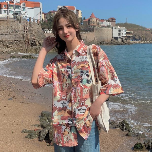 Floral Hawaiian Short Sleeve Shirt for Women, Loose Hong Kong Style Top, Unique Beachwear, Trendy Summer Fashion