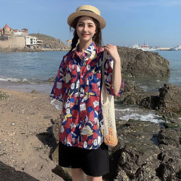 Floral Hawaiian Short Sleeve Shirt for Women, Loose Hong Kong Style Top, Unique Beachwear, Trendy Summer Fashion