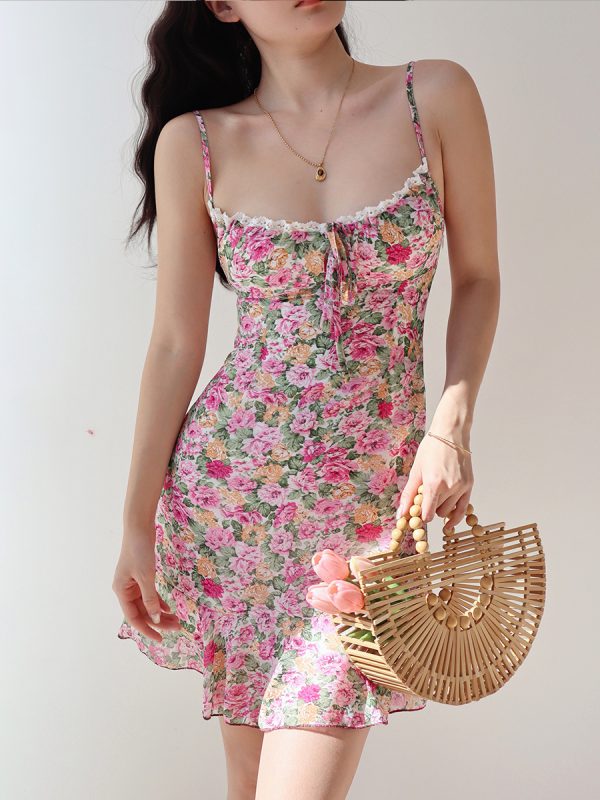 Floral Lace Cami Dress for Women - Slim Fit Vintage Style, Waist-Defined, Perfect for Vacation and Summer Days
