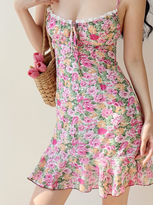 Floral Lace Cami Dress for Women - Slim Fit Vintage Style, Waist-Defined, Perfect for Vacation and Summer Days