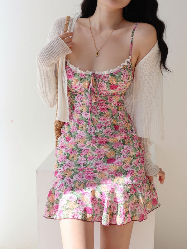 Floral Lace Cami Dress for Women - Slim Fit Vintage Style, Waist-Defined, Perfect for Vacation and Summer Days