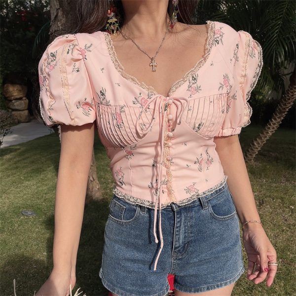 Floral Lace Trim Puff Sleeve Top - DIY 2025 Spring/Summer French Romantic Style, Waist-Cinched, Short Sleeve