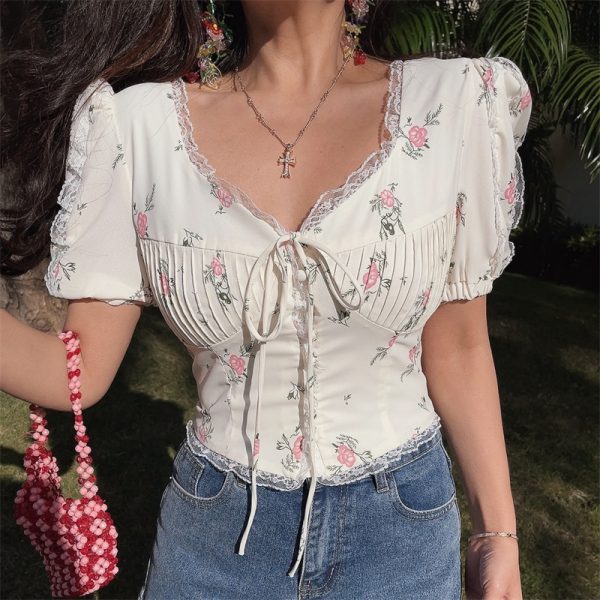 Floral Lace Trim Puff Sleeve Top - DIY 2025 Spring/Summer French Romantic Style, Waist-Cinched, Short Sleeve