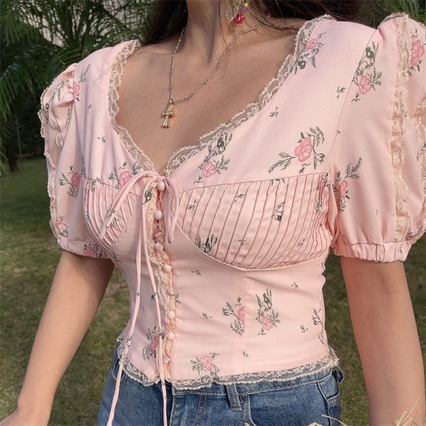 Floral Lace Trim Puff Sleeve Top - DIY 2025 Spring/Summer French Romantic Style, Waist-Cinched, Short Sleeve