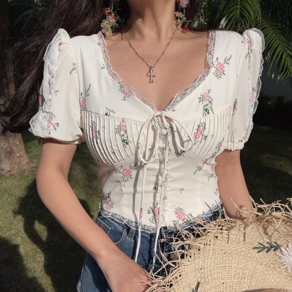 Floral Lace Trim Puff Sleeve Top - DIY 2025 Spring/Summer French Romantic Style, Waist-Cinched, Short Sleeve