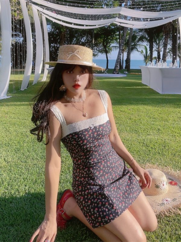 Floral Lace Trim Square Neck Slimming Camisole Dress - Handmade 2025 Spring/Summer Vacation Style, Perfect for 90s & Y2K Fashion