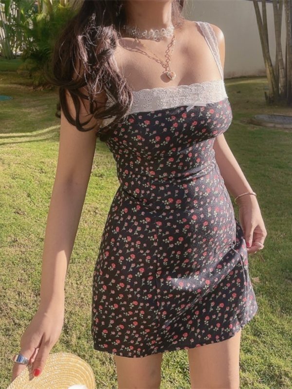 Floral Lace Trim Square Neck Slimming Camisole Dress - Handmade 2025 Spring/Summer Vacation Style, Perfect for 90s & Y2K Fashion