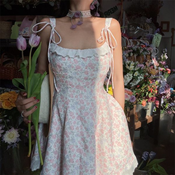 Floral Lace Trim Tie Strap Camisole Dress â€“ Handmade Spring Summer Fairy Style Vacation Dress with Australian Niche Design