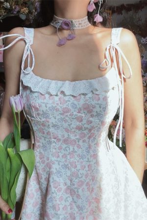 Floral Lace Trim Tie Strap Camisole Dress â€“ Handmade Spring Summer Fairy Style Vacation Dress with Australian Niche Design