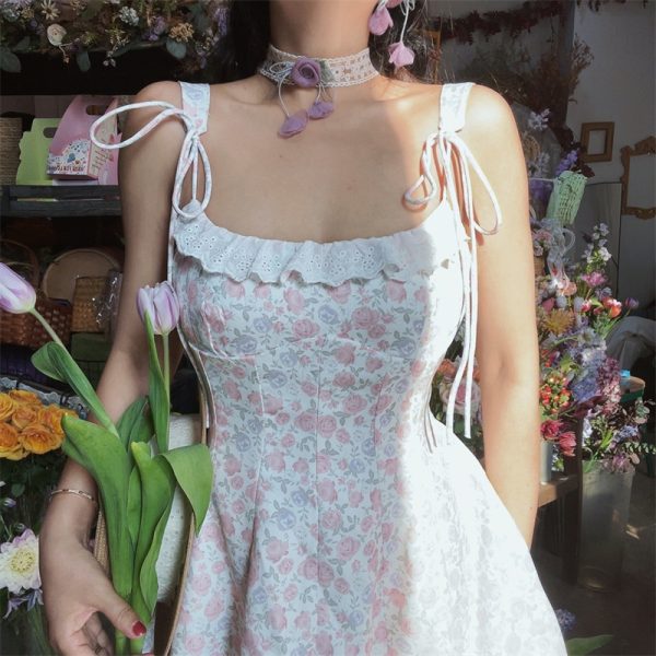 Floral Lace Trim Tie Strap Camisole Dress â€“ Handmade Spring Summer Fairy Style Vacation Dress with Australian Niche Design