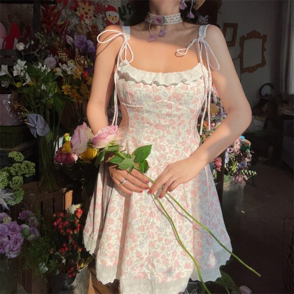 Floral Lace Trim Tie Strap Camisole Dress â€“ Handmade Spring Summer Fairy Style Vacation Dress with Australian Niche Design