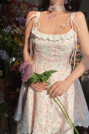 Floral Lace Trim Tie Strap Camisole Dress â€“ Handmade Spring Summer Fairy Style Vacation Dress with Australian Niche Design