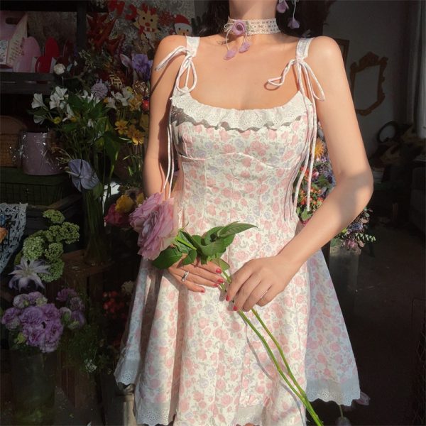 Floral Lace Trim Tie Strap Camisole Dress â€“ Handmade Spring Summer Fairy Style Vacation Dress with Australian Niche Design