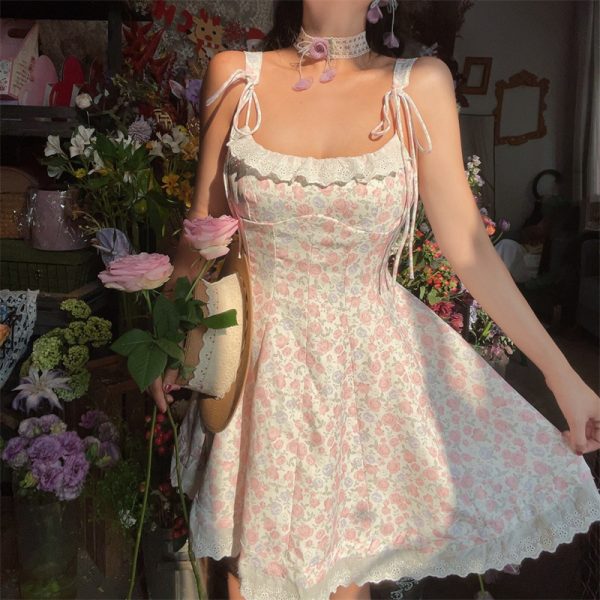 Floral Lace Trim Tie Strap Camisole Dress â€“ Handmade Spring Summer Fairy Style Vacation Dress with Australian Niche Design