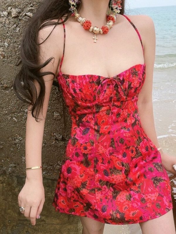 Floral Lace-Up Camisole and Short Skirt Set - 2024 Spring/Summer American Retro Court Style Vacation Outfit