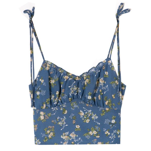 Floral Lace-Up Camisole for Women, Fresh Girl Style, Slim Fit, Elastic Pleats, Flattering Design, Y2K Fashion