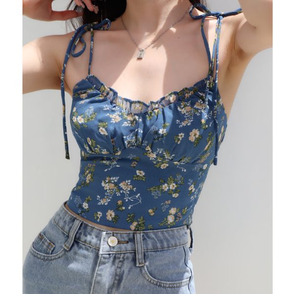 Floral Lace-Up Camisole for Women, Fresh Girl Style, Slim Fit, Elastic Pleats, Flattering Design, Y2K Fashion