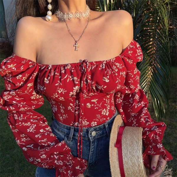Floral Lantern Sleeve Shirt with Square Neck, Drawstring Waist - Handmade, Vacation Ready for Spring/Summer 2025