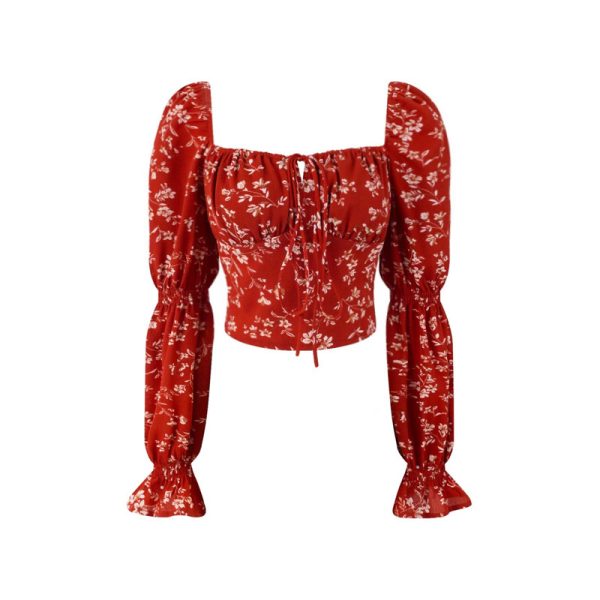 Floral Lantern Sleeve Shirt with Square Neck, Drawstring Waist - Handmade, Vacation Ready for Spring/Summer 2025