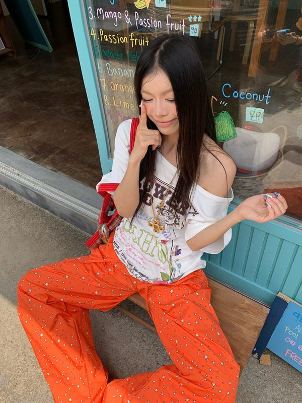 Floral Letter Print Off-Shoulder Short Sleeve T-Shirt for Women, Slim Fit Summer Top, American Style, Y2K Fashion