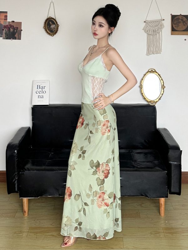Floral Mesh Straight Skirt - Women's Elegant Draped Midi Skirt in Green and Fresh, Chinese Style Rose Design