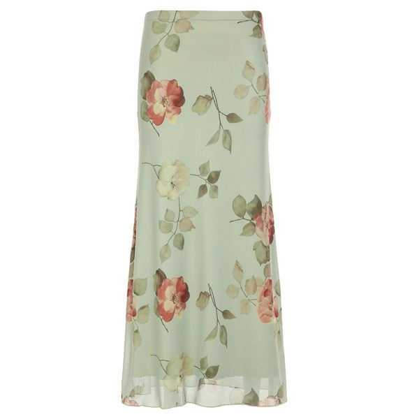 Floral Mesh Straight Skirt - Women's Elegant Draped Midi Skirt in Green and Fresh, Chinese Style Rose Design