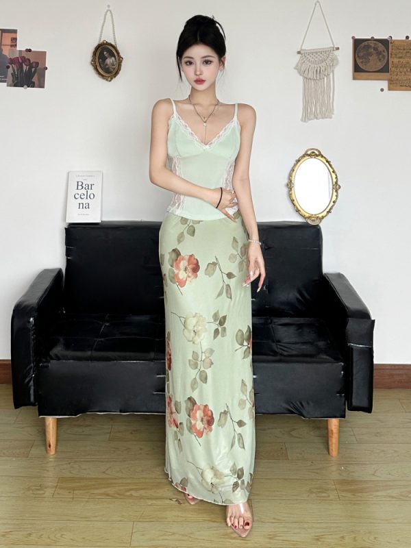Floral Mesh Straight Skirt - Women's Elegant Draped Midi Skirt in Green and Fresh, Chinese Style Rose Design