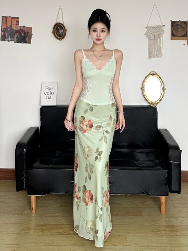 Floral Mesh Straight Skirt - Women's Elegant Draped Midi Skirt in Green and Fresh, Chinese Style Rose Design