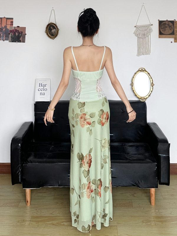 Floral Mesh Straight Skirt - Women's Elegant Draped Midi Skirt in Green and Fresh, Chinese Style Rose Design