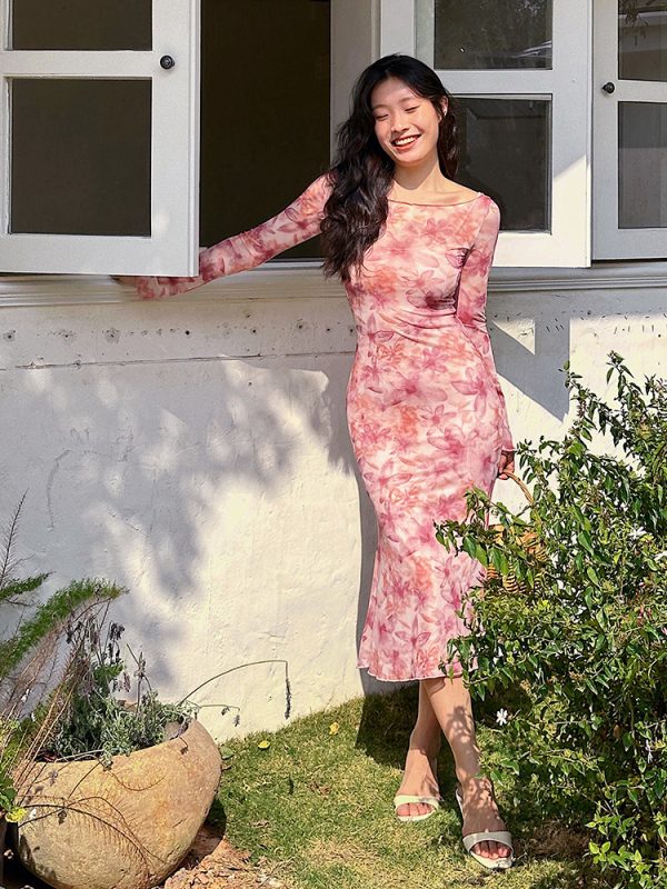 Floral Mesh Two-Piece Long Sleeve Bodycon Dress - Sexy Slim Fit with Long Skirt - Y2K Inspired Fashion