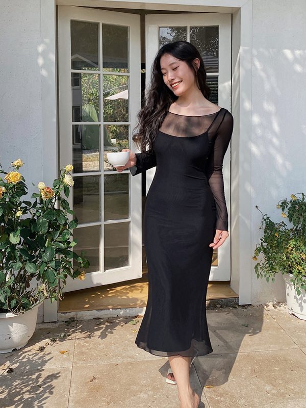 Floral Mesh Two-Piece Long Sleeve Bodycon Dress - Sexy Slim Fit with Long Skirt - Y2K Inspired Fashion