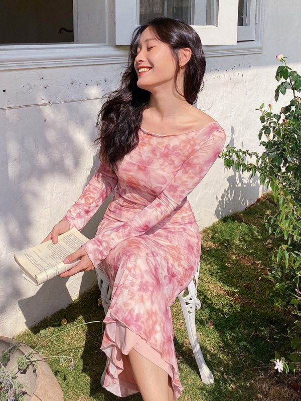 Floral Mesh Two-Piece Long Sleeve Bodycon Dress - Sexy Slim Fit with Long Skirt - Y2K Inspired Fashion