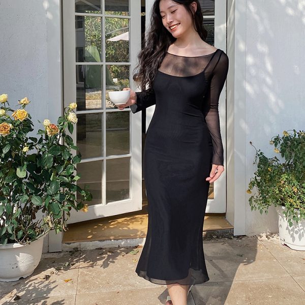 Floral Mesh Two-Piece Long Sleeve Bodycon Dress - Sexy Slim Fit with Long Skirt - Y2K Inspired Fashion