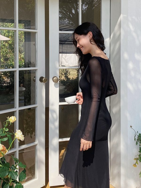 Floral Mesh Two-Piece Long Sleeve Bodycon Dress - Sexy Slim Fit with Long Skirt - Y2K Inspired Fashion