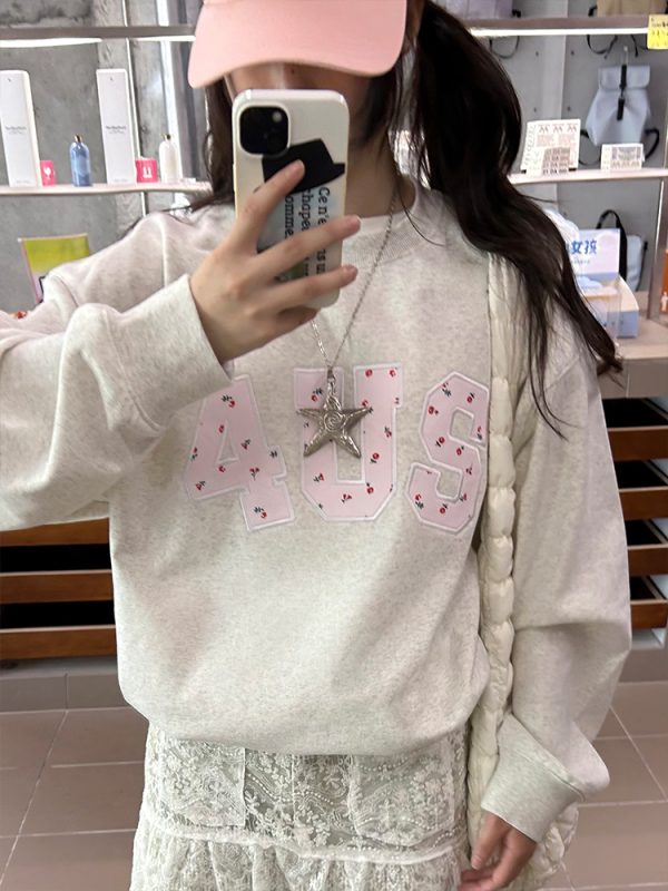 Floral Patch Embroidery Pullover Sweatshirt for Couples - Loose Fit Round Neck, Spring Autumn Style, National Trend Fashion