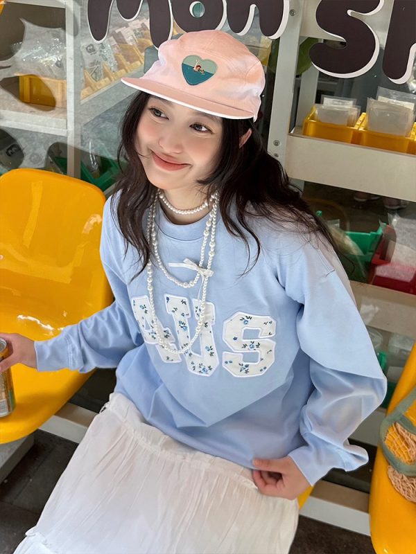 Floral Patchwork Embroidery Long Sleeve T-Shirt for Couples, National Trend, Loose Fit, Spring and Autumn Style