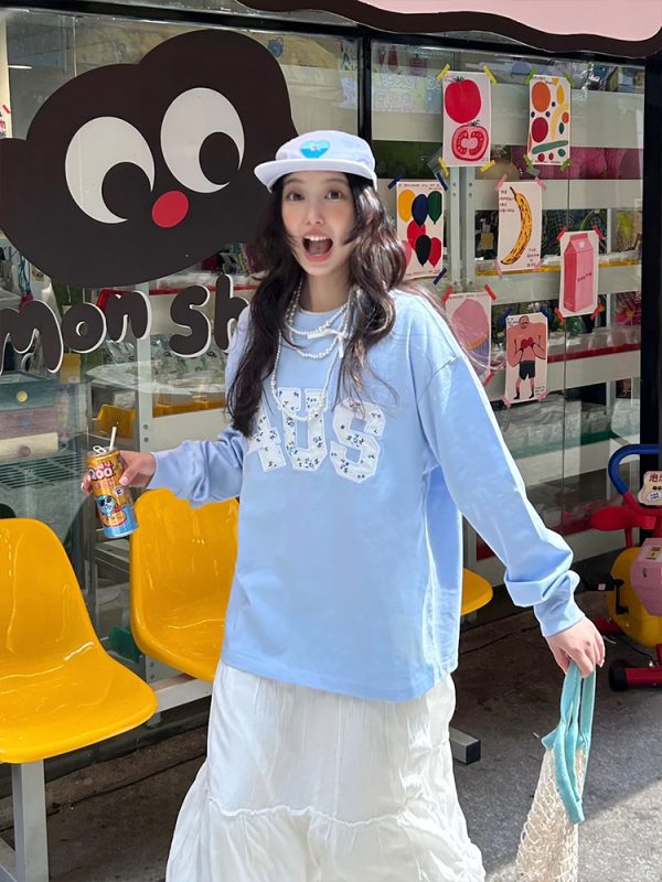 Floral Patchwork Embroidery Long Sleeve T-Shirt for Couples, National Trend, Loose Fit, Spring and Autumn Style