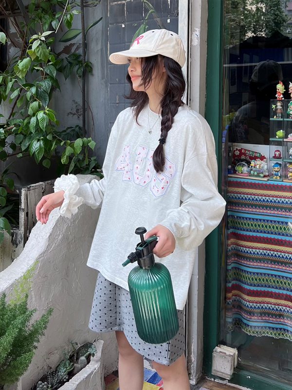 Floral Patchwork Embroidery Long Sleeve T-Shirt for Couples, National Trend, Loose Fit, Spring and Autumn Style