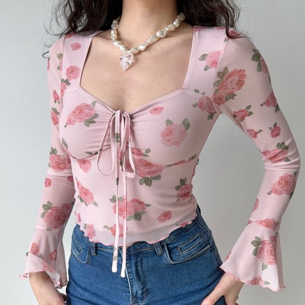 Floral Print Bell Sleeve Square Neck Shirt - Women's Slim Fit Long Sleeve Top - DIY French Sweet Style