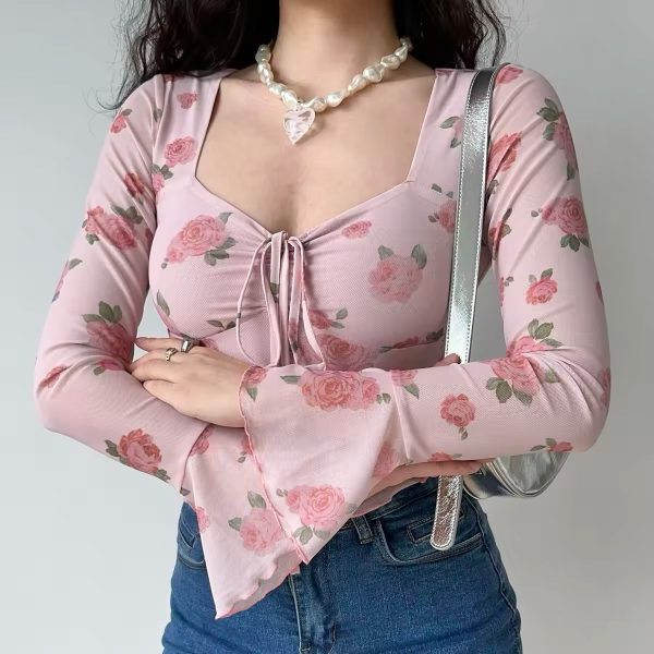 Floral Print Bell Sleeve Square Neck Shirt - Women's Slim Fit Long Sleeve Top - DIY French Sweet Style