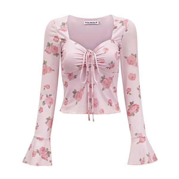 Floral Print Bell Sleeve Square Neck Shirt - Women's Slim Fit Long Sleeve Top - DIY French Sweet Style