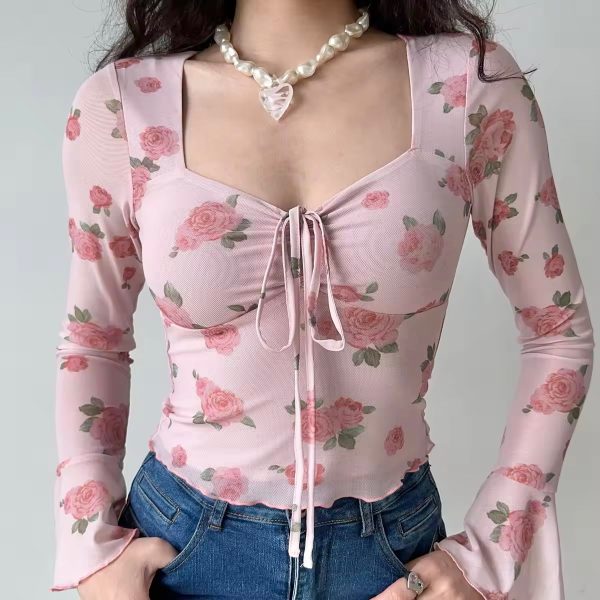 Floral Print Bell Sleeve Square Neck Shirt - Women's Slim Fit Long Sleeve Top - DIY French Sweet Style